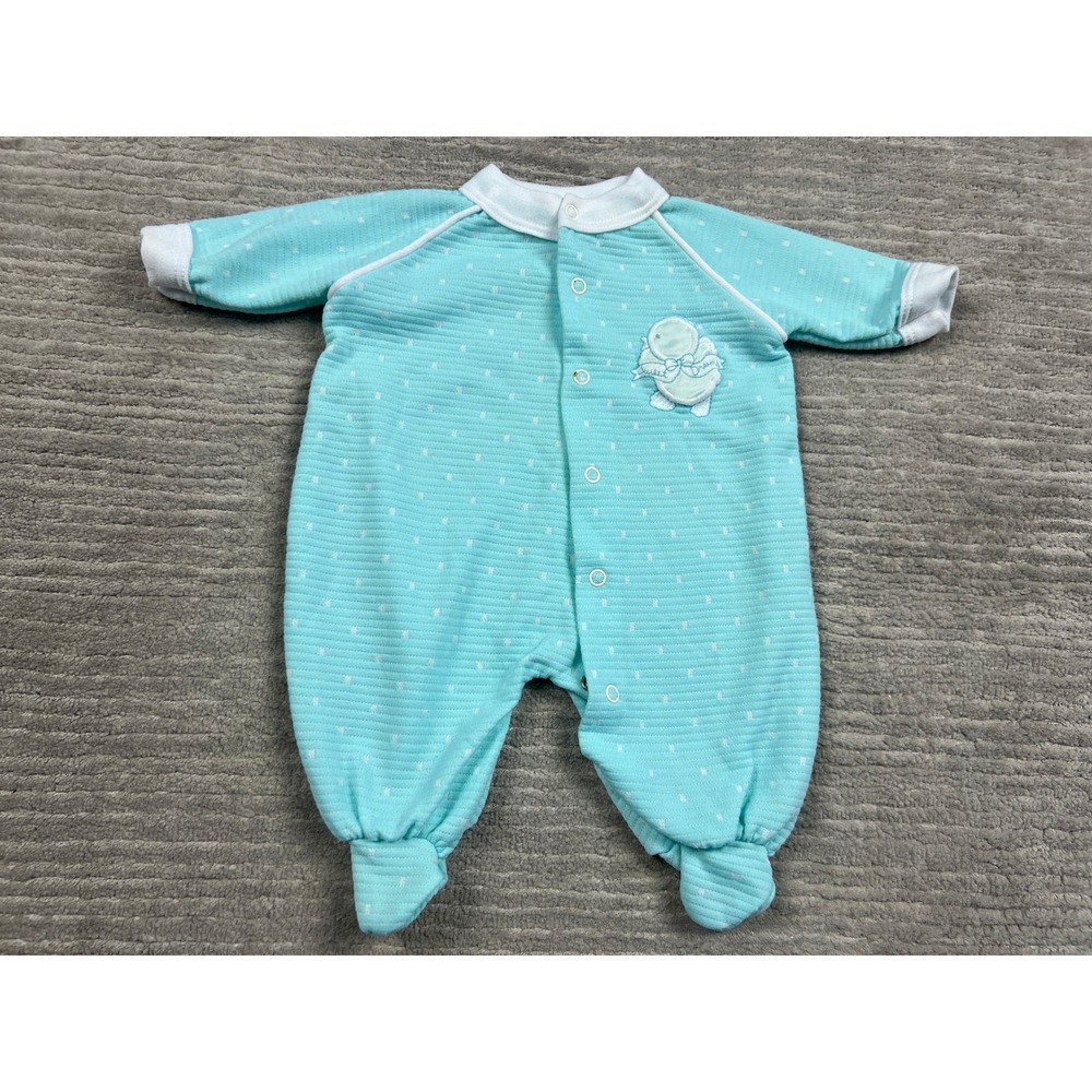 Vintage Sleeper Unisex Small Aqua Polka Dot Duckling Quilted Snap Footie 9188MB